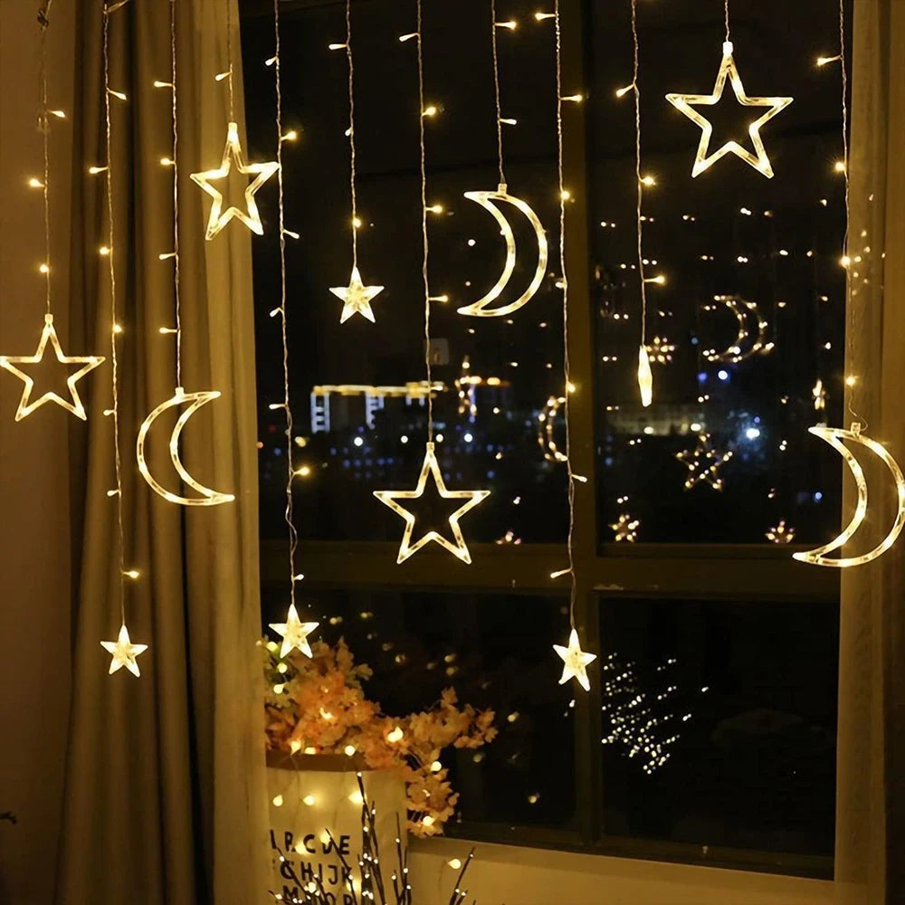 3.5M Warm White Moon Stars Curtain String Lights