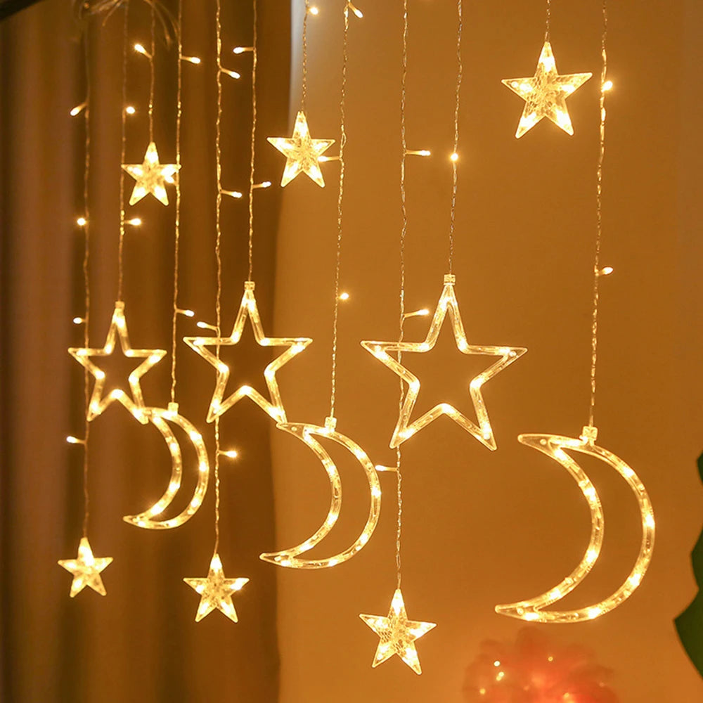 3.5M Warm White Moon Stars Curtain String Lights